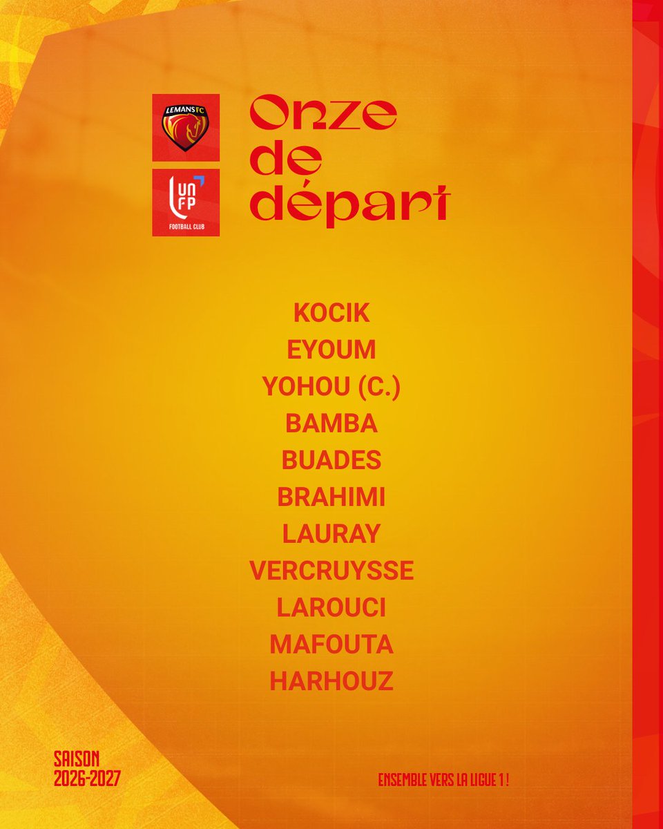 LEMANSFC's tweet photo. #LMFCUNFP Le onze de départ manceau pour ce premier match de la journée 👇
#AllezLeMansFC 🔴🟡 https://t.co/NS9pGK7WK6