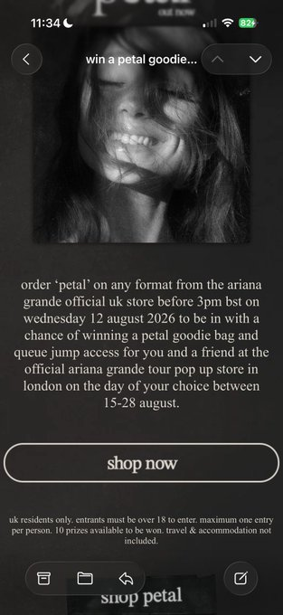 TeamArianaBE's tweet photo. #INFO: D’après les informations actuellement disponibles, le pop-up officiel de l’Eternal Sunshine Tour à Londres devrait bien se tenir du 15 au 28 août 2026.

À l’heure actuelle, aucun créneau horaire de réservation n’a encore été communiqué pour accéder au pop-up.

En revanche, un concours est actuellement proposé à l’occasion de la sortie de « Petal » : les résidents du Royaume-Uni qui commandent l’album sur la boutique officielle britannique d’Ariana peuvent tenter de remporter un accès prioritaire au pop-up pour deux personnes, ainsi qu’un Petal Goodie Bag.

De nouvelles informations concernant les modalités d’accès, les horaires et les éventuelles réservations devraient être communiquées prochainement.

Plus d’informations à venir.