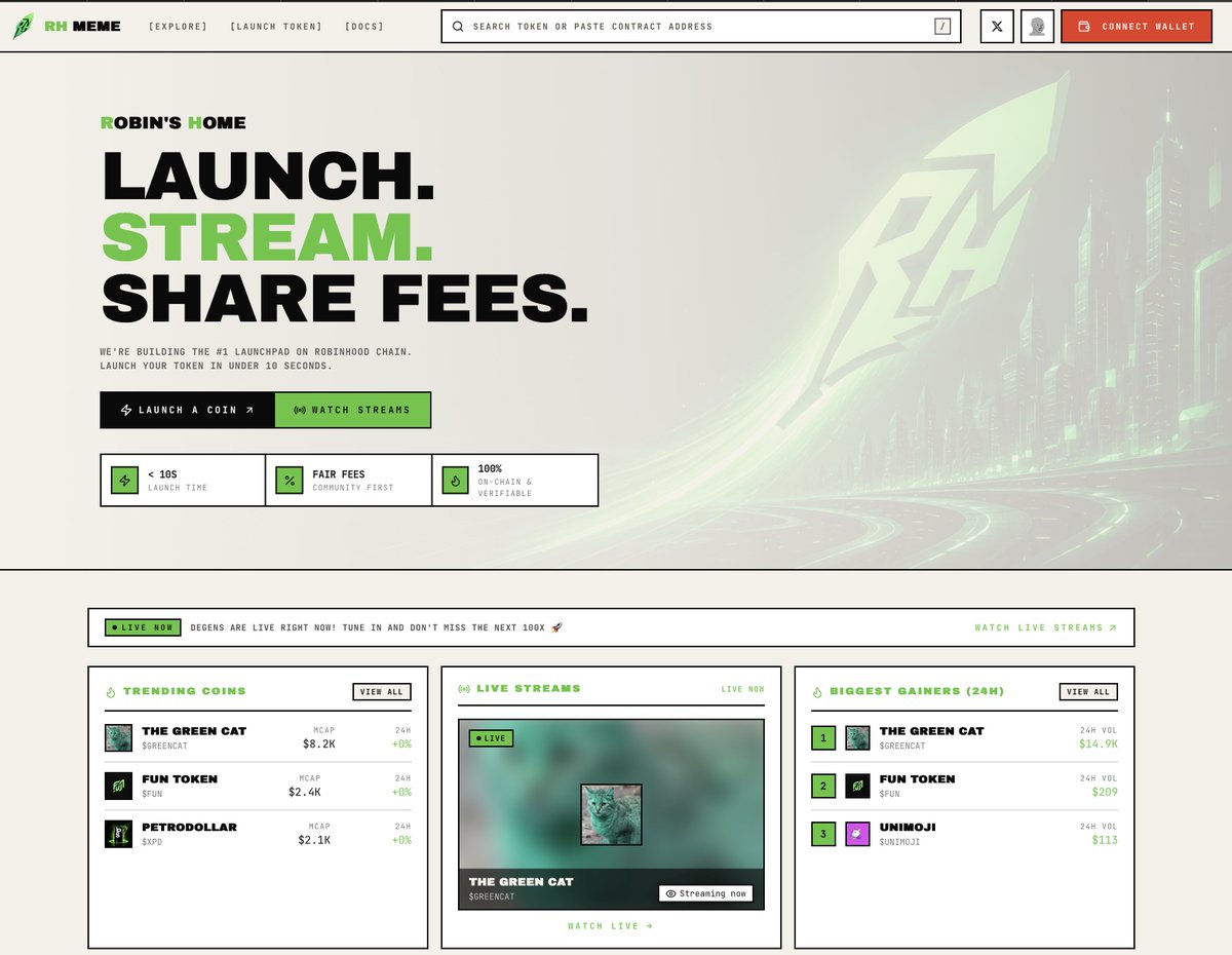 RH_MEME1's tweet photo. We’ve been working hard behind the scenes, and https://t.co/DMTSP5h6nC has just had some major upgrades.

We now offer seamless Full HD streaming — and we’re proud to be the first and only launchpad on Robinhood Chain to offer it.

Looks like someone’s already streaming as we post 👀

Go take a peek at the improved launchpad:

https://t.co/tq7tFQDwMK