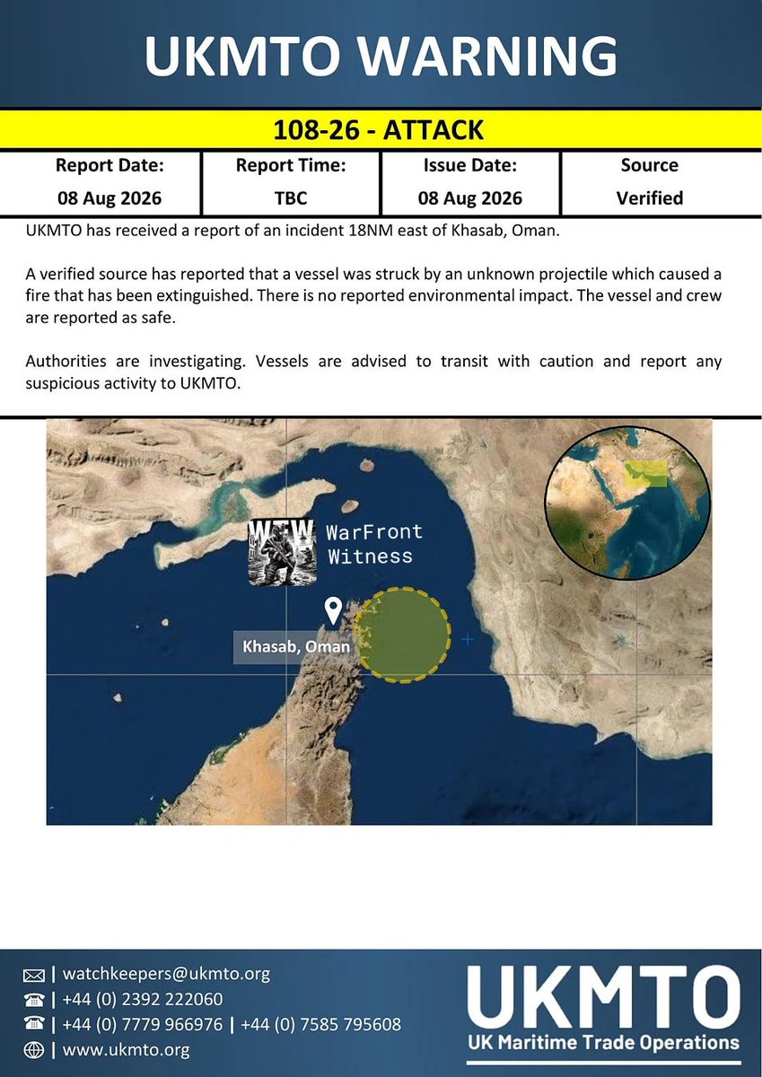 MarioNawfal's tweet photo. 🇴🇲🇮🇷 BREAKING: Iran just grabbed another ship. IRGC boarded and seized a vessel. 

Meanwhile, UKMTO reports a vessel has been struck by an unknown projectile east of Khasab, Oman.

This is their go-to move when they want leverage. Last few times this happened, it escalated fast. Sanctions threats, naval posturing, hostage diplomacy.

Source: Middle East Spectator, WarFront Witness on TG / Writer: Oliver