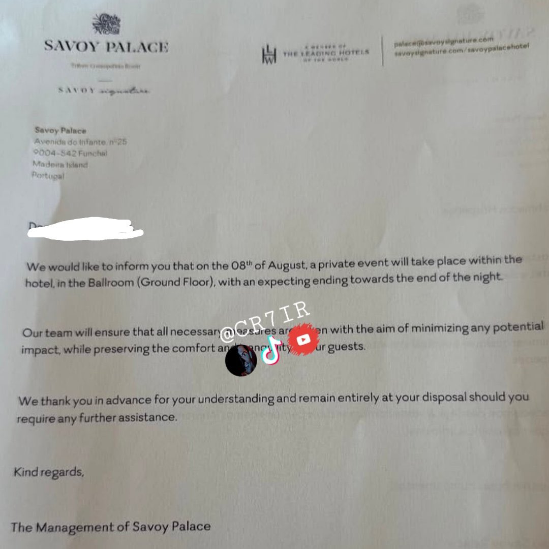 MousaQi's tweet photo. الفندق الذي تدور فيه شائعات زواج كريستيانو رونالدو وجورجينا، فندق Savoy Palace في فونشال، ماديرا:

نود إعلامكم بأنه في يوم 8 أغسطس، سيُقام حدث خاص داخل الفندق، وتحديدًا في قاعة الحفلات (الطابق الأرضي)، ومن المتوقع أن ينتهي في وقت متأخر من الليل.

سيحرص فريقنا على اتخاذ جميع الإجراءات اللازمة بهدف تقليل أي تأثير محتمل، مع الحفاظ على راحة وهدوء نزلائنا.

نشكركم مقدمًا على تفهمكم، ونبقى تحت تصرفكم بالكامل في حال احتجتم إلى أي مساعدة إضافية
