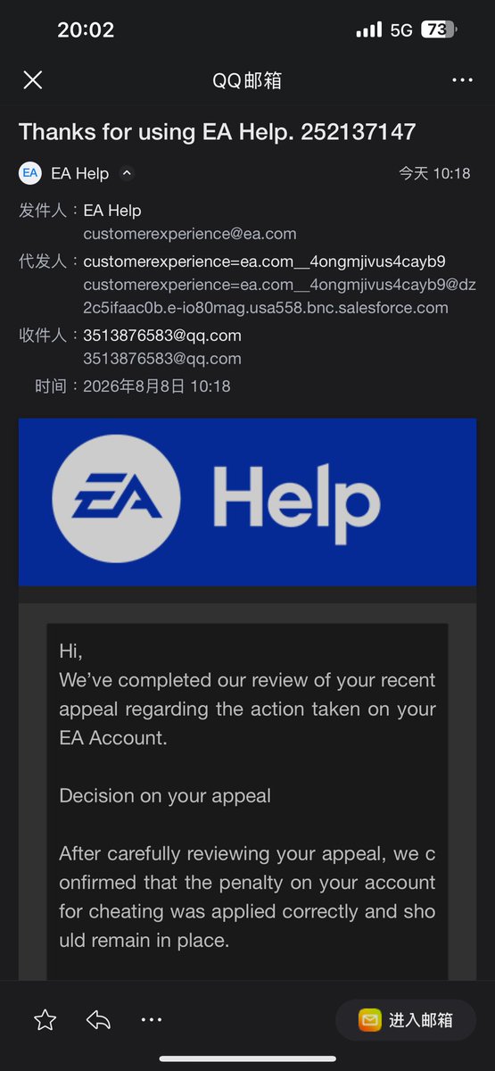 fdsdccwac's tweet photo. @AskEA_Help @PlayApex Support promised my ban appeal reply would come from noreply@ea.com. Instead got it from a different address, and when I called it out they just said “doesn’t matter, both are EA.” 💀 Case #252137147. Guess promises mean nothing here. https://t.co/MGMuu0IU5w