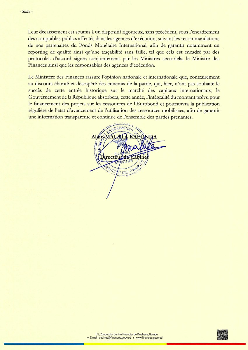 financesrdc's tweet photo. ÉTAT D'EXECUTION DES RESSOURCES MOBILISEES DANS LE CADRE DE L'EMISSION INAUGURALE DE L'EUROBOND

Les engagements du Président de la République doivent se traduire en réalisations. Sous son leadership, le Gouvernement mobilise les moyens nécessaires pour accélérer le développement du pays. L’Eurobond constitue l’un de ces leviers : les ressources mobilisées sur les marchés internationaux sont progressivement orientées vers des projets concrets et structurants, notamment les routes, les aéroports et l’énergie, au bénéfice direct de la population congolaise.

À ce jour, 137,894 millions USD ont été décaissés en faveur de trois projets structurants prioritaires :
📌48,035 millions USD pour le projet intégré de construction de la centrale hydroélectrique de Grand Katende et de ses infrastructures de transport et de distribution d’électricité ;
📌89,859 millions USD pour les projets de modernisation des aéroports internationaux de N’djili et de Luano.

Dans les prochains jours, plus de 200 millions USD supplémentaires seront décaissés pour financer la Rocade Nord-Est de Kinshasa (Route du Fleuve) et la RN4 Kisangani-Beni.D’ici à la fin de l’année, au moins 300 millions USD de décaissements complémentaires sont également attendus pour les projets de l’aéroport de N’djili et de Grand Katende.

Ces ressources sont exécutées sous la prise en charge des comptables publics, afin de garantir une meilleure traçabilité des fonds. Elles sont par ailleurs logées dans des comptes créditeurs générateurs d’intérêts, permettant de contribuer à l’atténuation du coût des coupons à payer.

Plus de détails dans le communiqué ci-dessous.⤵️⤵️