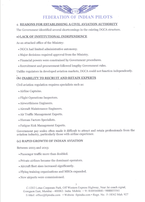 ANI's tweet photo. The Federation of Indian Pilots write a letter to Prime Minister Narendra Modi proposing to establish a Civil Aviation Authority (CAA)

"The proposal to establish a Civil Aviation Authority (CAA) of India emerged from concerns raised by the International Civil Aviation Organization (ICAO), Parliamentary Committees, and the rapid growth of India's aviation sector. The objective was to replace the Directorate General of Civil Aviation (DGCA) with an autonomous statutory regulator having greater financial, administrative, and technical independence. Although the proposal gained significant momentum in 2013-2014, the legislation ultimately lapsed and India continues to be regulated by the DGCA under the Ministry of Civil Aviation..." reads the letter