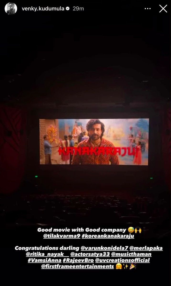 UV_Creations's tweet photo. Director @VenkyKudumula along with Indian cricket sensation @TilakV9, watched the NON STOP ENTERTAINER #KoreanKanakaraju at AMB Cinemas❤️‍🔥

The duo thoroughly enjoyed the entertaining ride, joining the growing list of audiences celebrating the film and extended their heartfelt wishes to the team 🤩💥

— https://t.co/NXKcqRjQBV

@IamVarunTej @RitikaNayak_ @GandhiMerlapaka #Satya @MusicThaman #ManojhReddy #RajeevReddy @DirKrish #Vamsi @SatyaG_Editor @FirstFrame_Ent @UV_Creations @tseriessouth