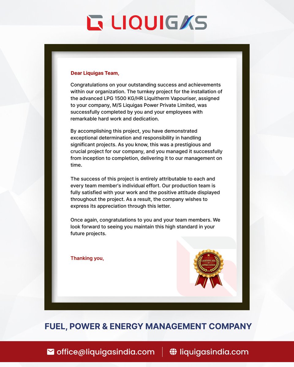 liquigasindia's tweet photo. A big thank you to our client for trusting us with this important project and for recognising our efforts.
Your support always motivates us to do our best!
#LPGSolutions #EnergyManagement #Vapouriser #FuelPowerEnergy #EngineeringExcellence https://t.co/bWJR6c08VO