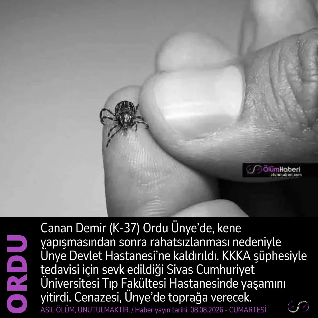 OlumHaberi's tweet photo. Canan Demir (K-37) Ordu Ünye’de, kene yapışması sonrası KKKA tedavisi gördüğü Sivas’taki hastanede yaşamını yitirdi.
https://t.co/WejMeOoRrS
#CananDemir #Ordu #Unye #kene #KKKA #Sivas #vefat #cenaze https://t.co/48rjaenrrG