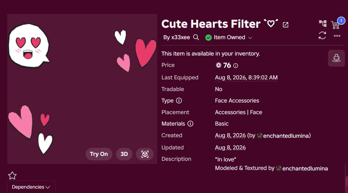 angelicalworks's tweet photo. Hello Everyone,
i have uploaded a brand new accessory!

Filter Modeled by me!
it is based off the "In Love" discord filter
as always the link will be below
#robloxugc https://t.co/T4QjHHKK9Q