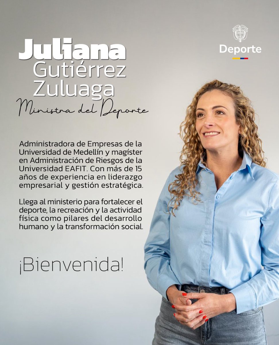 MinDeporteCol's tweet photo. El deporte colombiano da la bienvenida a la ministra Juliana Gutiérrez, quien asume el liderazgo de esta Cartera con el compromiso de fortalecer el sector y ampliar el acceso al deporte, la recreación y la actividad física en todo el territorio nacional. https://t.co/vCxjKPyO19