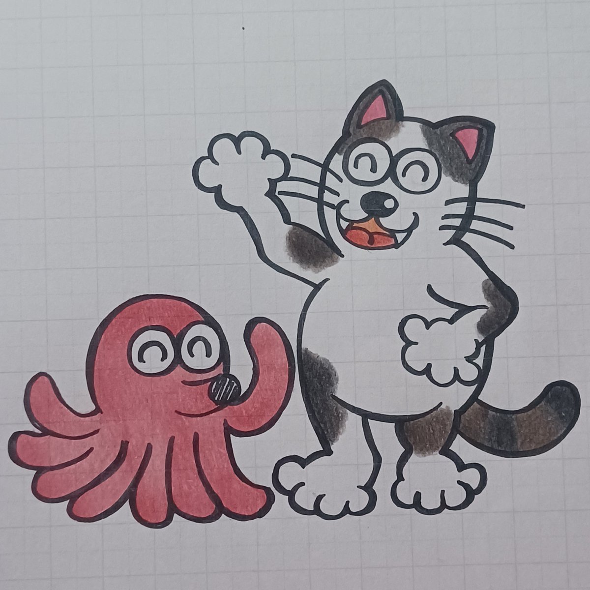tonisuberi's tweet photo. 今日から末広がりで良いことがあれば良し　#イラスト　#色鉛筆　#猫　#タコ　#世界猫の日　#タコの日 https://t.co/ZVYi5JCxYT