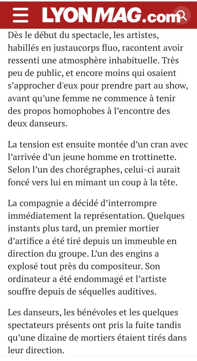 tropdecomptes's tweet photo. ⚠️Où sont les députés LFI ??!

➡️Le 1er Août, un spectacle de danse organisé dans le quartier de la Duchère à Lyon a été violemment interrompu par une foule hostile et homophobe.

Déroulé des faits :

-Une femme tient des propos homophobes à l'encontre des deux danseurs 
-Un jeune en trotinette fonce sur eux en mimant un coup de boule 
-Un mortier d'artifice est tiré depuis un immeuble en direction des danseurs, l'un d'eux souffre de séquelles auditives et son ordinateur a été endommagé
-Les danseurs prennent la fuite tandis que des dizaines de mortiers sont tirés dans leur direction.

Les 2 danseurs ont fait une vidéo sur leur Instagram en disant que l'amour sera plus fort. On a pu le constater 🤡🤡🤡⬇️