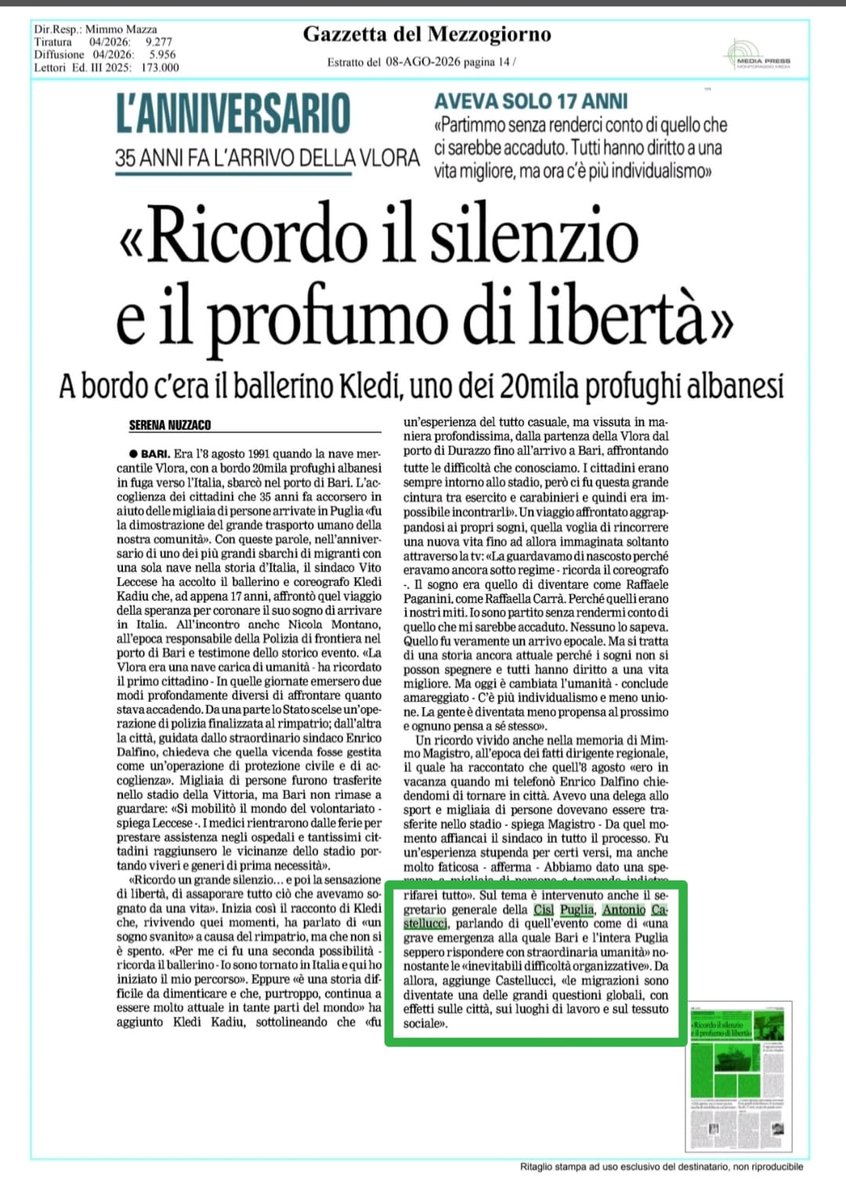 CislPuglia's tweet photo. #8agosto #rassegnastampa
35 anni fa l'arrivo della nave #Vlora, @CastellucciAnto: fenomeno migratorio sia governato con equilibrio
👉https://t.co/CO4b2hqE6l
🔸La Gazzetta del Mezzogiorno
🔸L'Edicola
🔸Quotidiano di Bari https://t.co/ZC9zb1jaSX