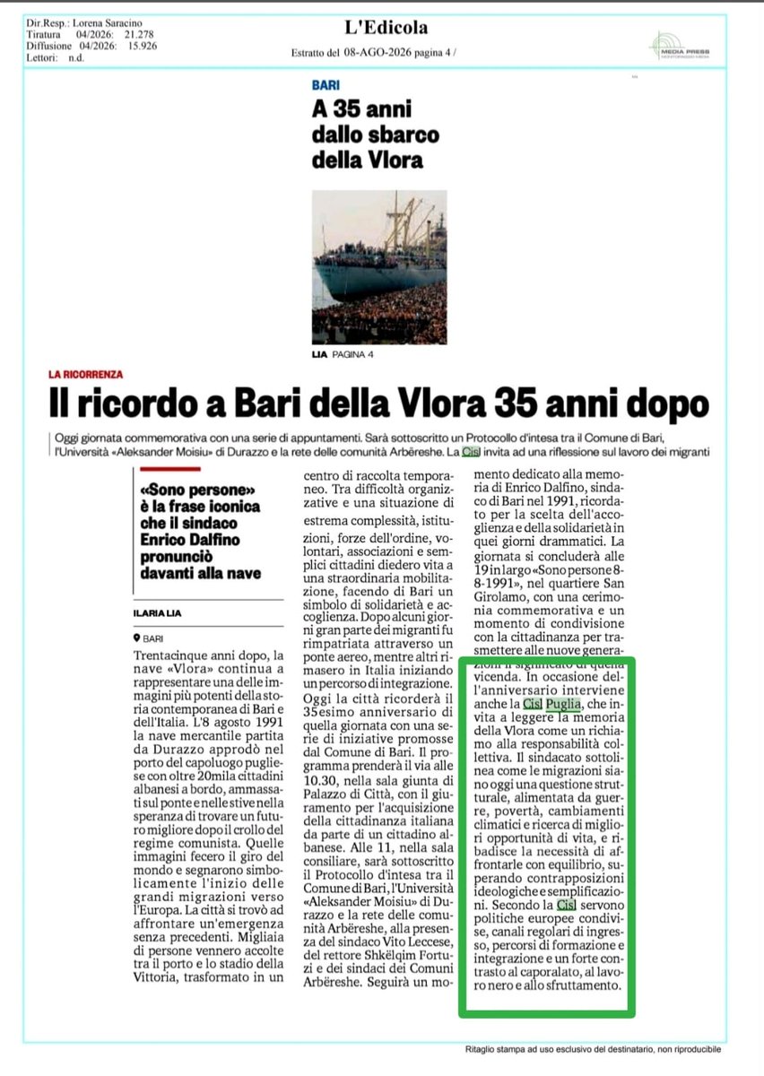 CislPuglia's tweet photo. #8agosto #rassegnastampa
35 anni fa l'arrivo della nave #Vlora, @CastellucciAnto: fenomeno migratorio sia governato con equilibrio
👉https://t.co/CO4b2hqE6l
🔸La Gazzetta del Mezzogiorno
🔸L'Edicola
🔸Quotidiano di Bari https://t.co/ZC9zb1jaSX