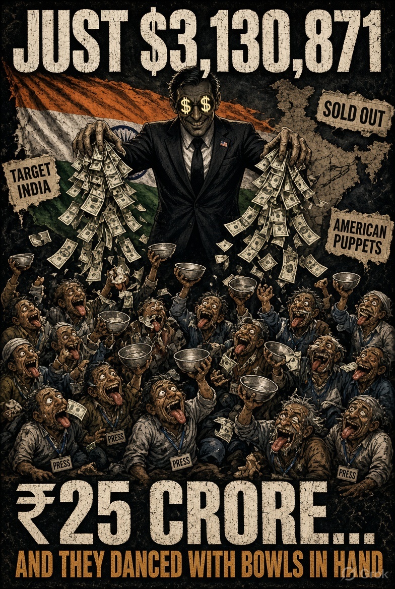 Starboy2079's tweet photo. The Real Godi Media (Thread)

Just $3,130,871.
Foreign master threw a mere 3.1 million dollars (₹25 crore) over 6 years… and 162 Indian “journalist researchers” instantly dropped to knees, bowls in hand, tongues out, dancing like trained monkeys for dollars.

Who were those journalists who took money from USA and targeted Modi govt and India
Read full thread  

1/17
