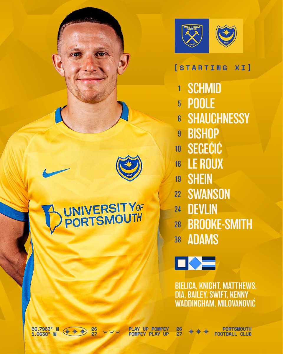 FrattonFaith's tweet photo. 📋 Your #Pompey team to take on West Ham. https://t.co/hTBLTq1UQM