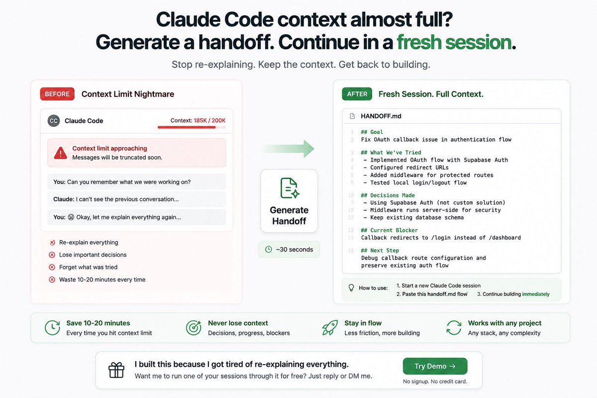 minghuili14's tweet photo. @Iammdshohag This is exactly the workflow I built a handoff tool for 😅
Do you think Claude’s new session messaging makes this completely unnecessary now? https://t.co/BD6eTCJlCP