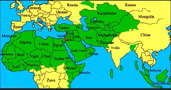 VividProwess's tweet photo. This tiny RED dot is Israel, surrounded by Muslim countries.

They want you to believe that the tiny RED dot is the oppressor and colonizer, and that the GREEN Muslim countries surrounding it are the oppressed.

Sheer lunacy. https://t.co/ivg3dh3oxT