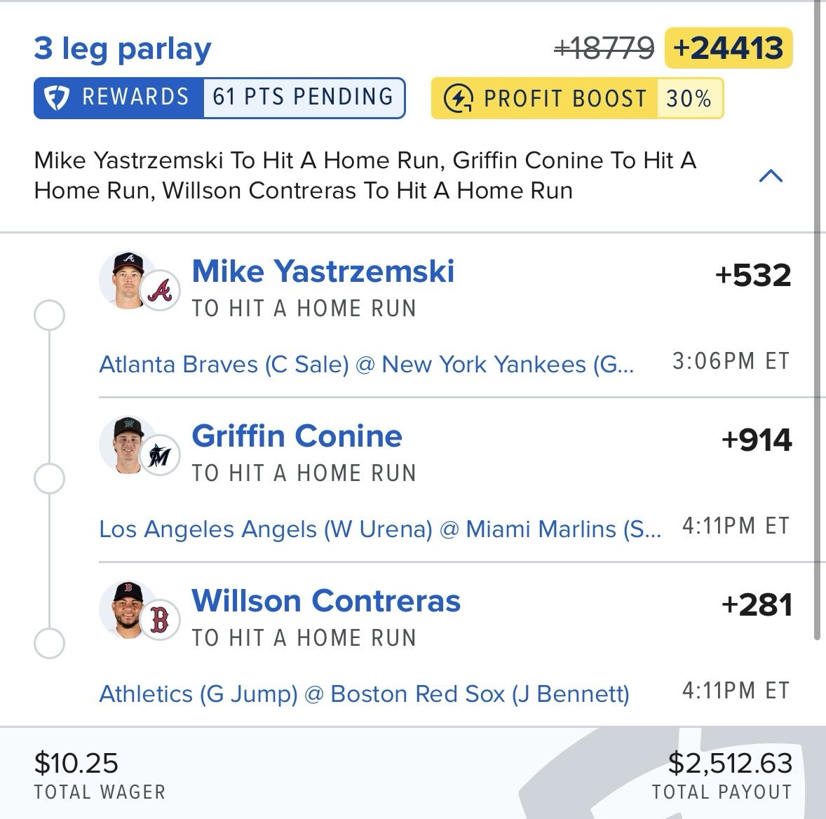 parlayportal's tweet photo. ⚾️ +24413

-Playing 1 day game longshot HR lotto, sharing with the TL using FD 30% boost

-Some excellent day game data vs the mix for these 3

🔬 Researched using @PropFinderApp where you can use code PARLAYPORTAL for 30% off first month or annual plan https://t.co/7NCmg68YOr