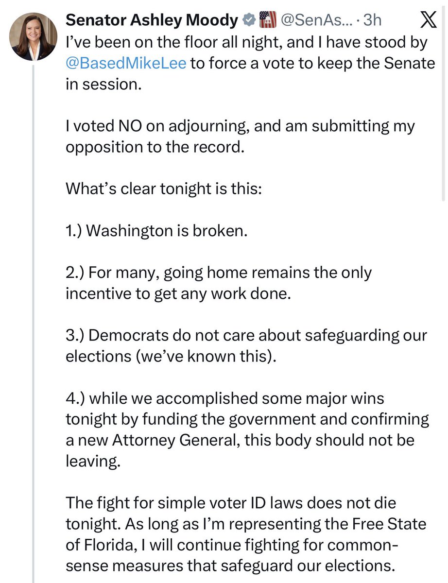 GuntherEagleman's tweet photo. Ashley is spot on… Time to remove the Leader and fire anyone who voted to go on vacation without passing secure election laws.  

America deserves better. https://t.co/fxHTGimeaK