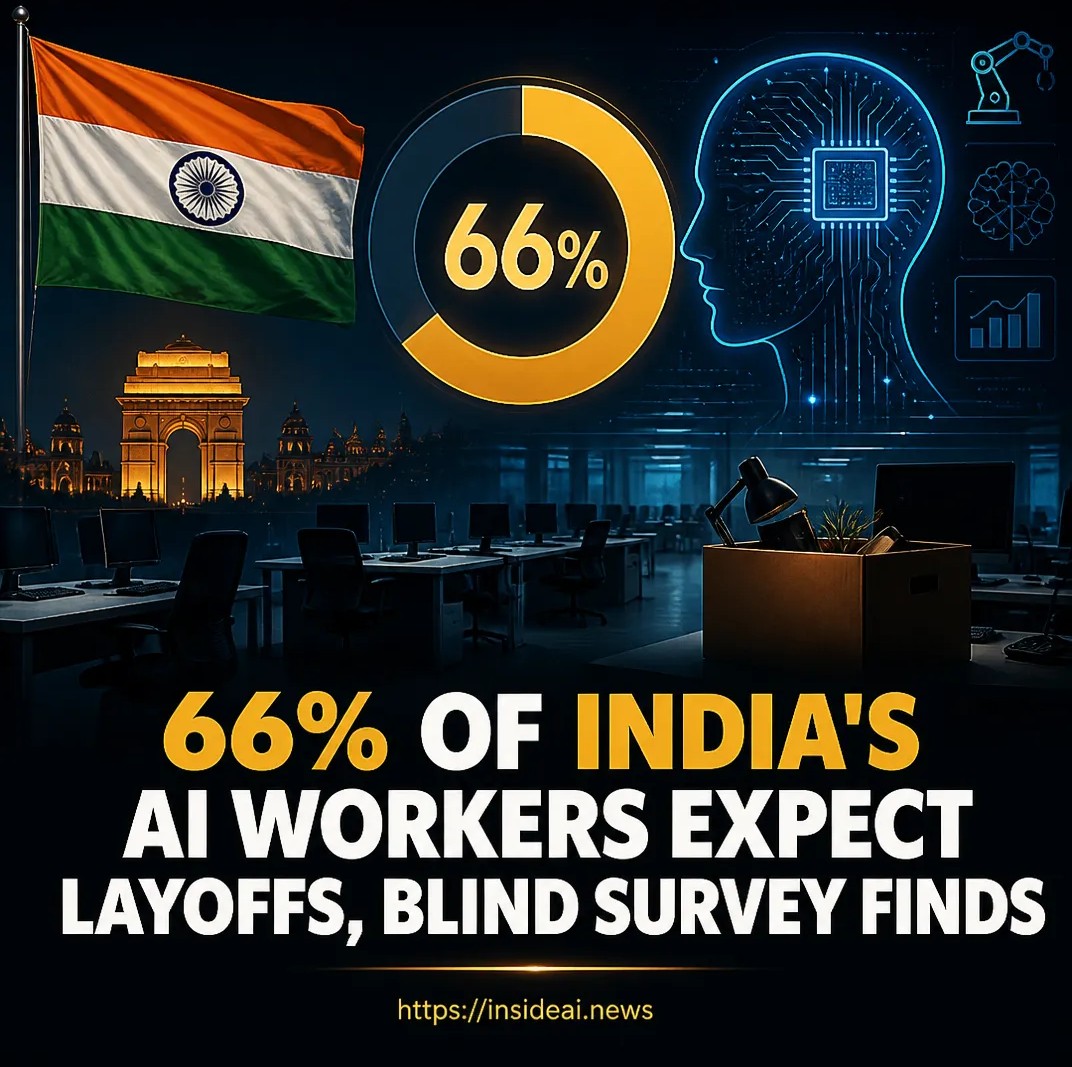 InsideAIDaily's tweet photo. Think AI jobs are safe? A new survey shows 66% of India's AI workers expect layoffs. The anxiety is highest at Salesforce and Oracle, but some Indian firms are bucking the trend. Full story: https://t.co/0IfhDDY8zZ https://t.co/8nBSuQ8ncH