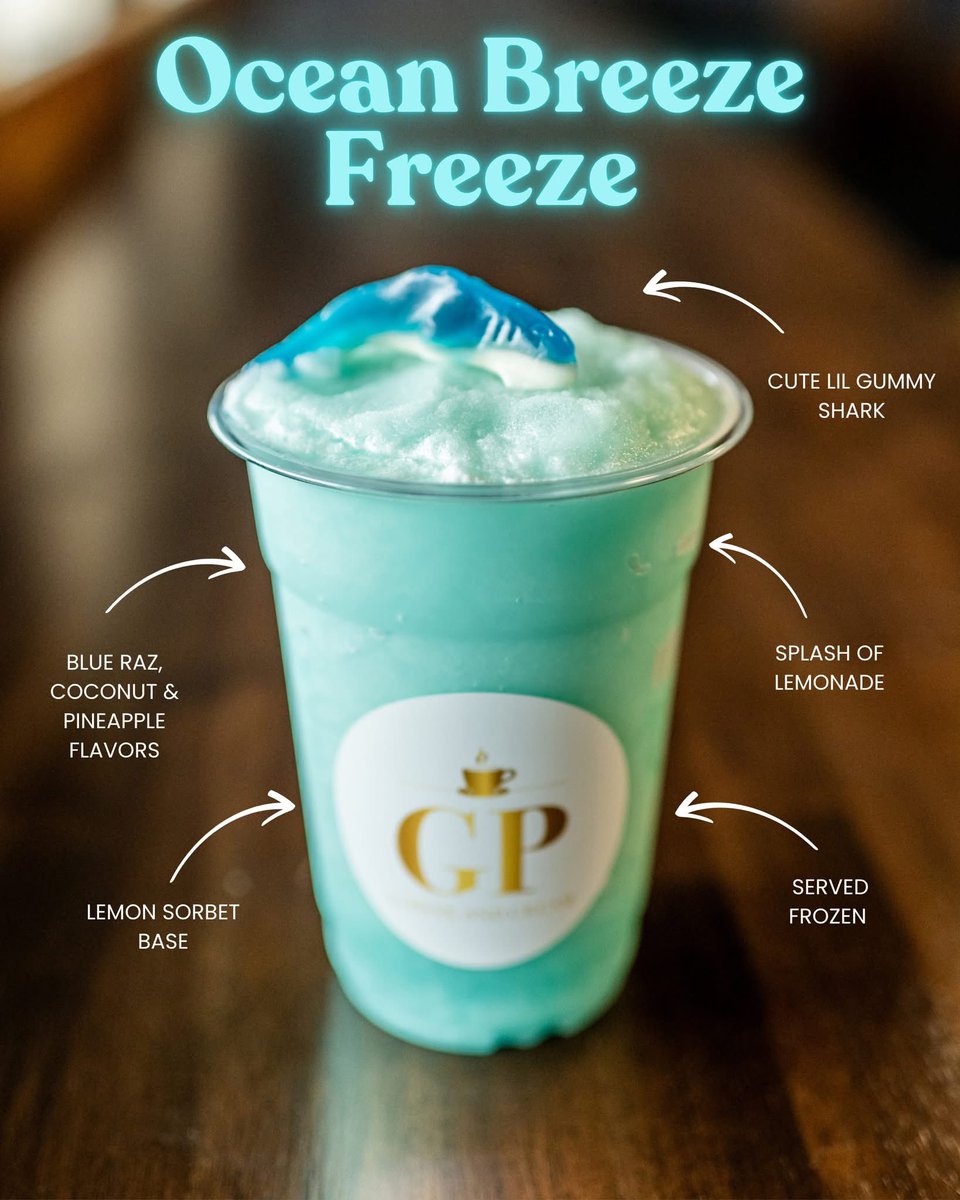 gourmetpour's tweet photo. Our Ocean Breeze Freeze will be making a splash all month long. One sip and you'll be hooked! 🦈🌊

 #gpcoffeecream #locallyowned #coffeeshop #icecream https://t.co/EB7yimMcHt