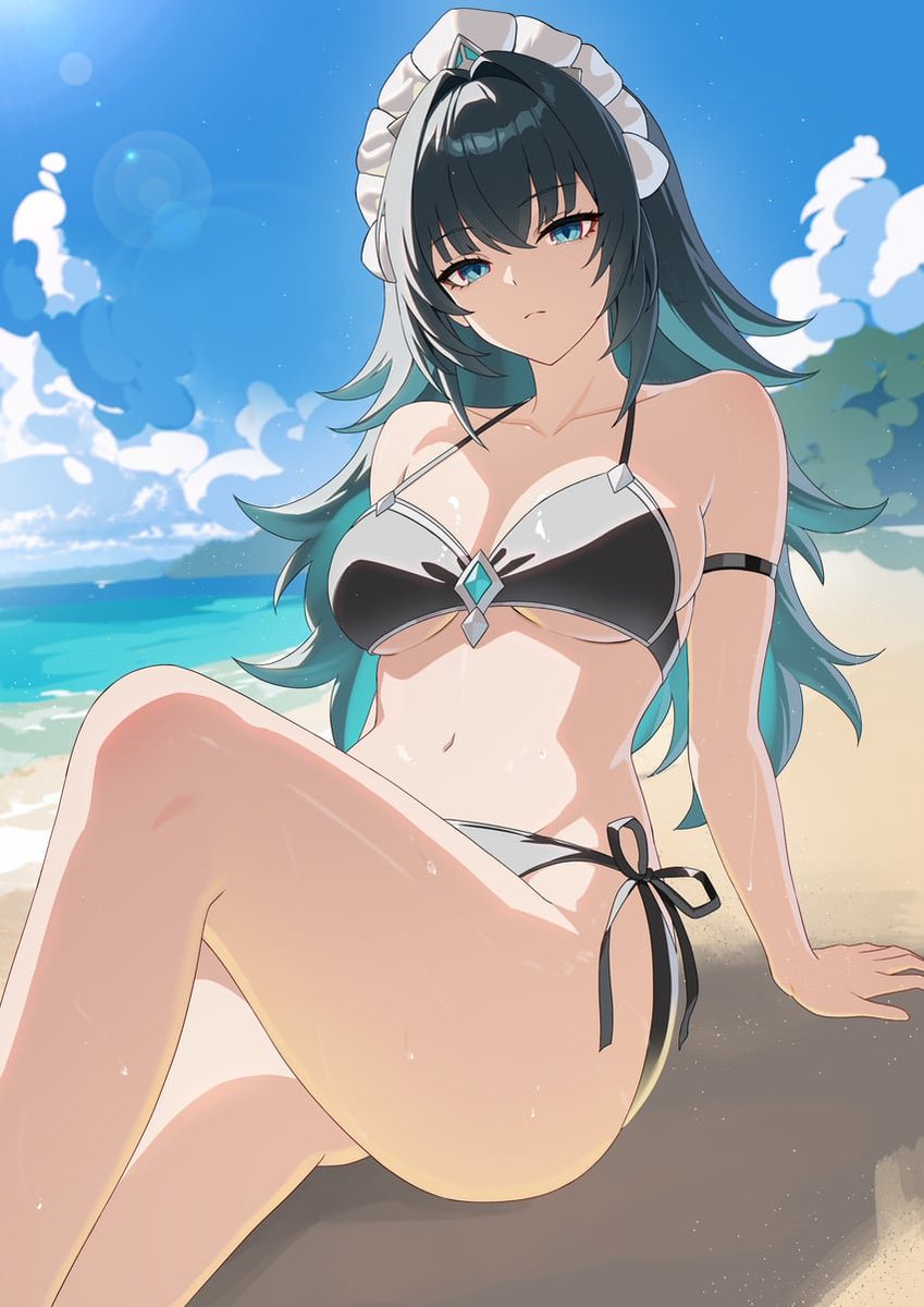 OrcaMeido's tweet photo. "The Tsaritsa ordered myself and Vesna to go on vacation.

Vesna wanted me to go with her. I wanted to work despite this.

Here I am, per her wishes.

Wearing minimal articles of clothing will need some getting used to."

(art: NIMA)

#TEYVATSUMMER https://t.co/Sacz7olLo4