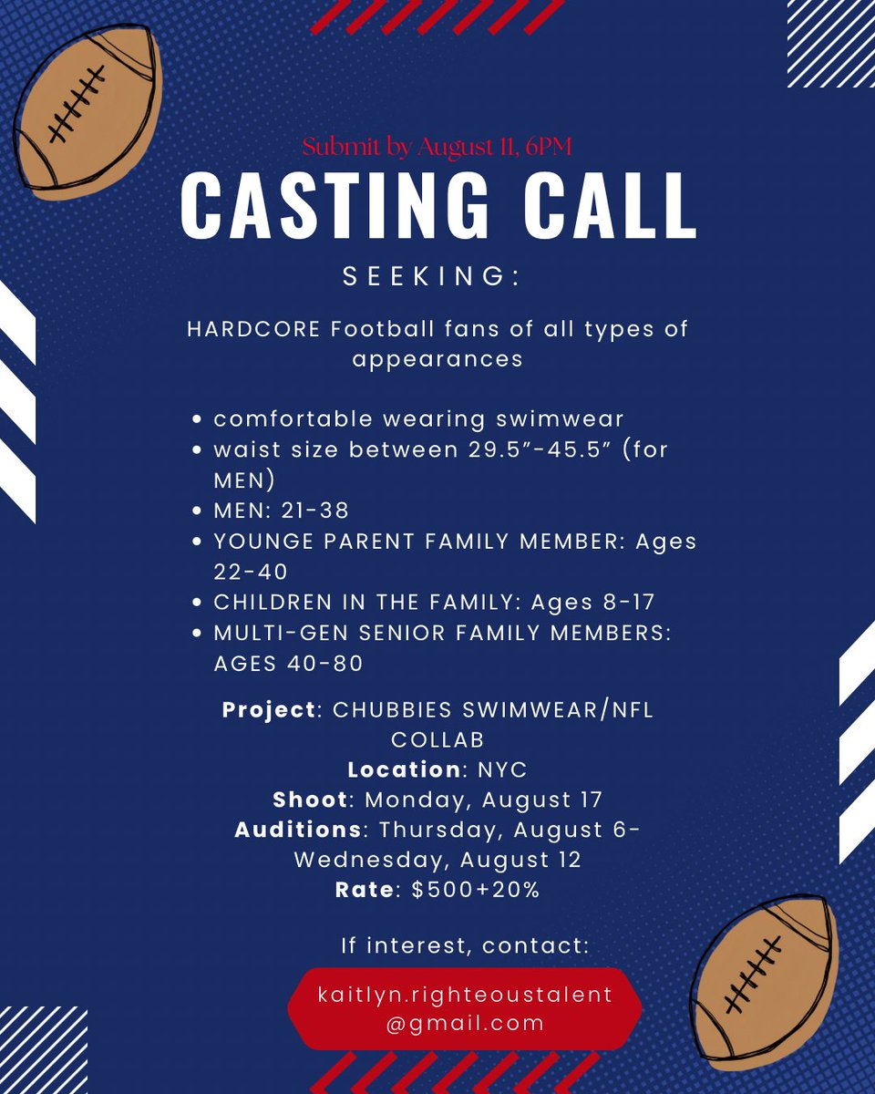 RighteousTalent's tweet photo. CASTING CALL for FOOTBALL FANS 🏈‼️Still + Video shoot #casting #football #photography #NFL https://t.co/dBKeS1bc3b