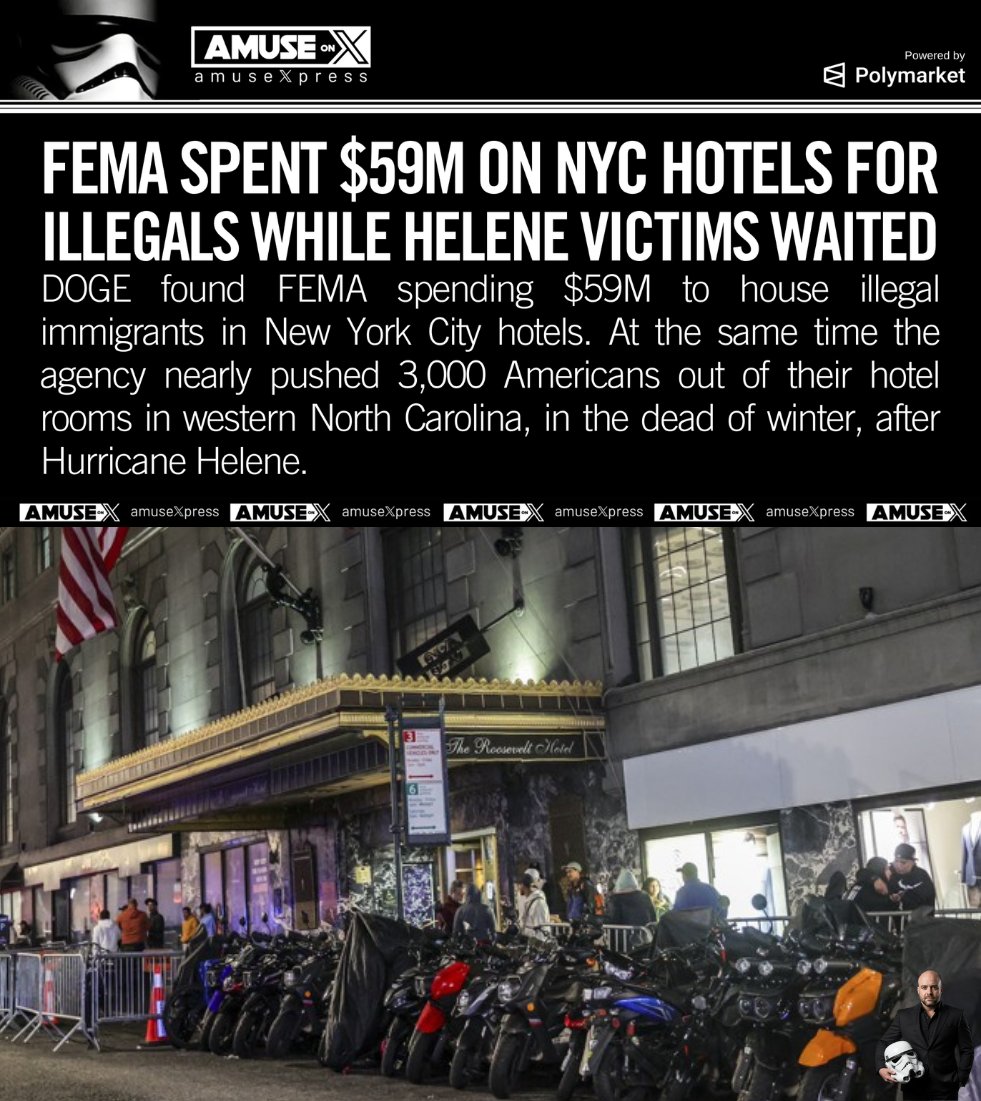 amuse's tweet photo. FLASHBACK: Remember, during the Biden regime, FEMA spent $59M to house illegals in NYC while Hurricane Helene victims were forced out of hotels during the dead of winter. The owner of the hotel? Pakistan.