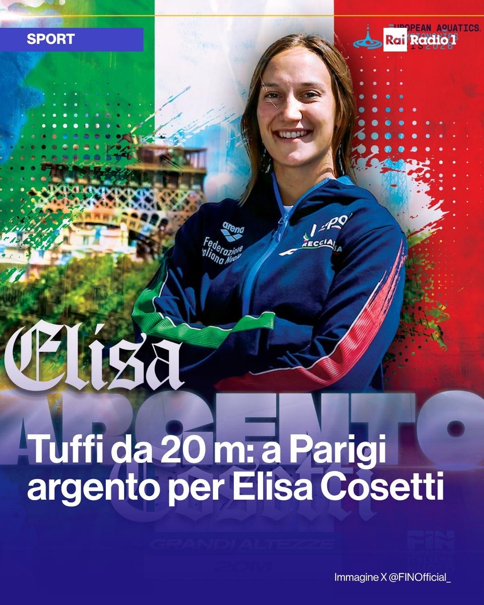 Radio1Rai's tweet photo. 🔵#EuropeansAquatics Elisa #Cosetti è medaglia d'argento nei #tuffi dalle grandi altezze agli Europei di Parigi. Dalla piattaforma dei 20 metri la 24enne giuliana totalizza 297.20 punti e si arrende solamente all'ucraina Chukanivska (324.70). Per l'Italia è la 22ª medaglia. https://t.co/nSR8UAwiNF