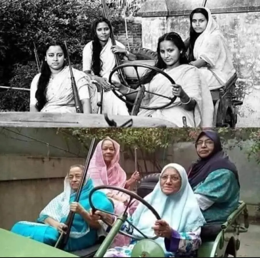 Nationalist2575's tweet photo. These four females joined Mukti Bahini for freedom of Bangladesh from tyrant Pakis in 1971. They replicated the pose after 50 years. 

they won but still lost to the culture-destroyer Islam. https://t.co/oRBrWzqV67