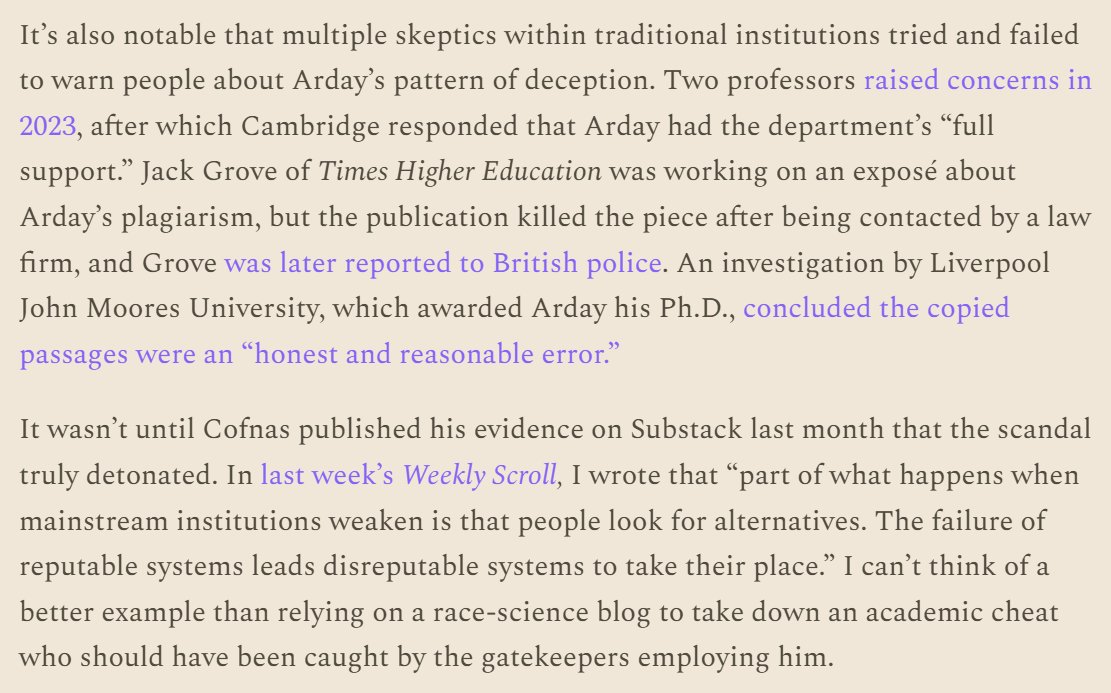 JeremiahDJohns's tweet photo. I wrote about the Jason Arday scandal:  

What does it say about our most prestigious institutions that they all failed to respond to the warning signs, and it took a race science Substacker to blow the case open? https://t.co/MvsoiKhQrM