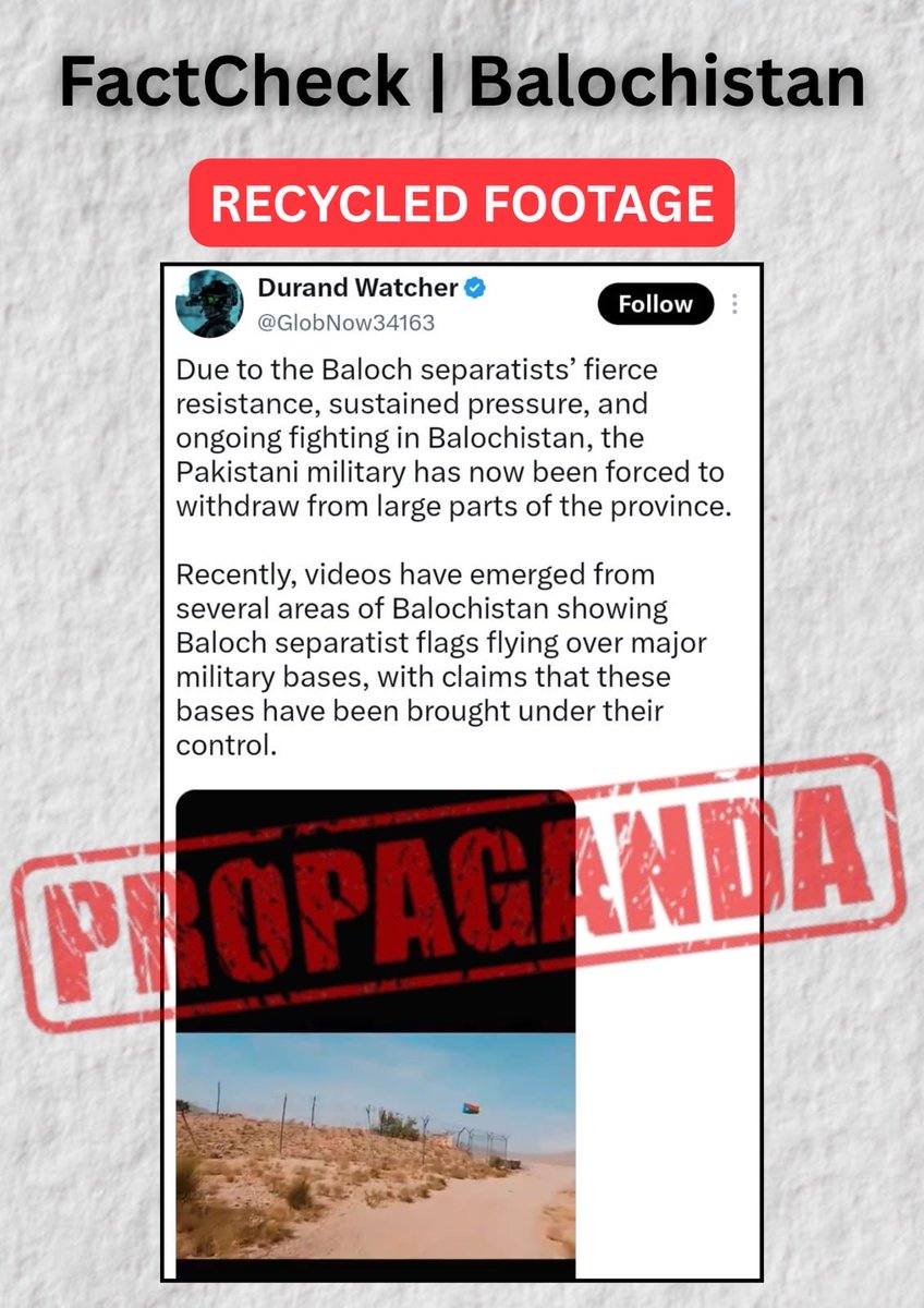 B_Factcheck's tweet photo. 🔍 FactCheck | Balochistan

🟠 Claim
Some social-media accounts claim that terrorists have captured military bases and forced security forces to withdraw from Balochistan.

✅ Reality

▪ The claim is false and misleading. Circulating visuals are recycled, digitally edited and, in some versions, AI-manipulated.

▪ Ongoing IBOs under Operation Radd-ul-Fitna-3 have eliminated dozens of terrorists, disrupting their manpower, weapons and support networks.

▪ Terrorists remain on the back foot, hiding in remote hideouts and avoiding confrontation.

▪ Indian-linked proxy/RAW-backed accounts are recycling manipulated visuals to exaggerate terrorist gains and spread a false narrative of territorial control.

📊 Verdict
🟥 False / Recycled & AI-Manipulated Propaganda