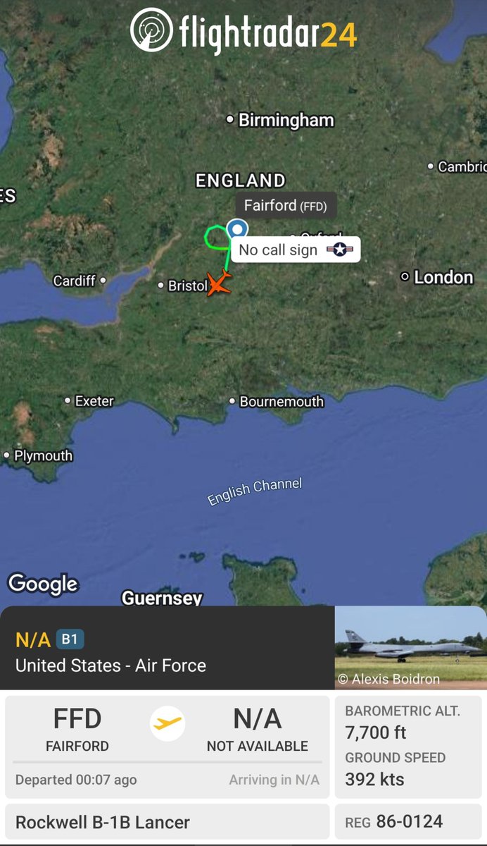 sipjack1776's tweet photo. B-1B Lancer 🇺🇲
#AE6BFE/86-0124
Out of RAF Fairford  tracking SW.
@Borrowed7Time @Saint1Mil @MRAIDANya @JasonZicker @JakeWoodwardAir @Andyyyyrrrr https://t.co/XgLtyWO6P3