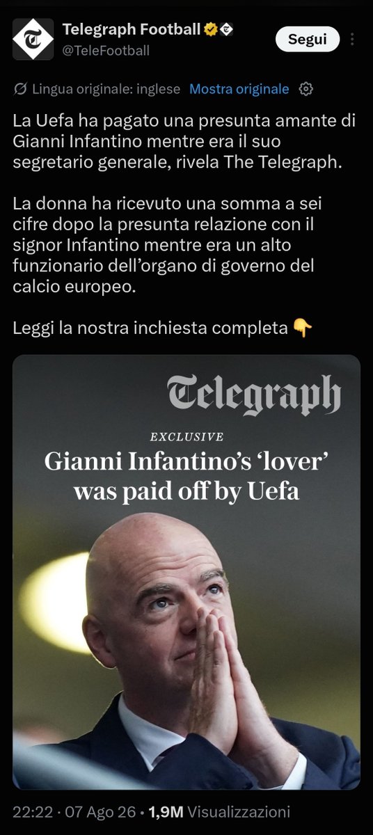 CesareSacchetti's tweet photo. L'affaire Infantino si allarga. Secondo il Telegraph, la UEFA gli avrebbe messo a disposizione i soldi per pagarsi l'amante quando Infantino era segretario generale per la stessa UEFA. C'è un mare di corruzione nel calcio europeo e mondiale che ha distrutto completamente questo sport. Sembra però che non ci siano più le protezioni degli anni passati.