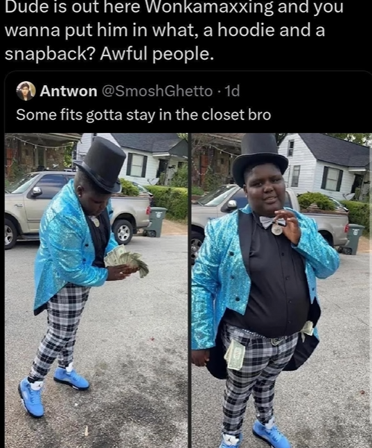 Zampity's tweet photo. on my birthday when i go into public i want to see EVERYONE wearing giant cartoony tophats and looking like willy wonka or sum shit, this BETTER happen by august 16 in colorado PLEASE it'll  be the best fucking birthday gift imaginable (example below) https://t.co/EkeIRFn0kO