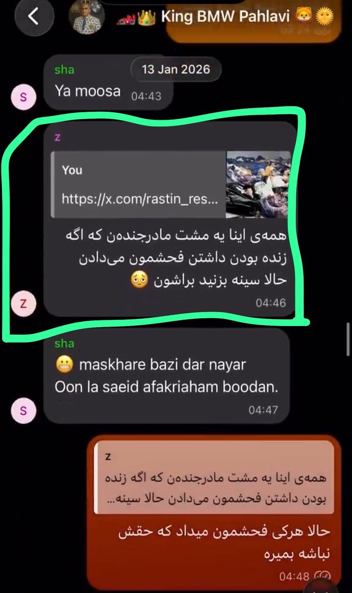 Mashreghidokht's tweet photo. مهدیار آقاجانی در مدیای عمومی از پیج شاه بالا میره مبادا حذف بشه و مارکت از دست بده، در چت خصوصی هم به مادر پژمان قلی پوز فحش جنسی میده هم به ایران و ایرانی و تمام کشته شدگان راه آزادی فحاشی میکنه! 
جنازه‌ی ما به دردشون بخوره باهاش اهنگ میسازن، به دردشون نخوره فحشمون میدن!
تا زنده ام دست از رسوا کردنتون برنمیدارم حرومزاده ها!