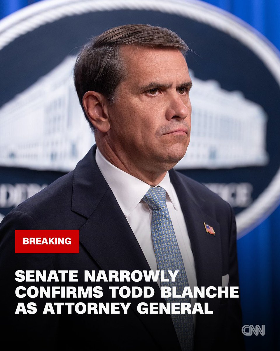 cnnbrk's tweet photo. Senate narrowly confirms Todd Blanche as attorney general.
https://t.co/t8DzImUKZb https://t.co/EP50dznI0X