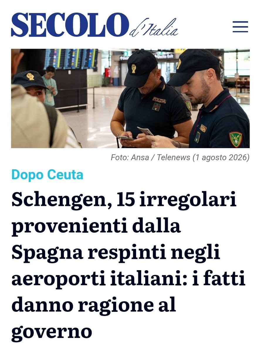 tresmasciento's tweet photo. Hoy la prensa italiana informa de que, después de la invasión de Ceuta, 15 inmigrantes irregulares intentaron entrar en Italia y fueron rechazados en los aeropuertos italianos.
Esto demuestra que, a pesar de las quejas del Gobierno español, la medida del Gobierno italiano es correcta.