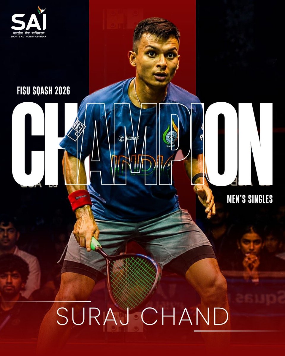 Media_SAI's tweet photo. Suraj Chand rises to the top at the FISU Squash 2026, claiming the Men’s Singles title with a stunning performance! 🔥

A proud moment for Indian squash as Suraj puts his talent and determination on the world stage. 💪

India has a new champion! 🇮🇳✨

#SurajChand #FISUSquash2026 #Squash
