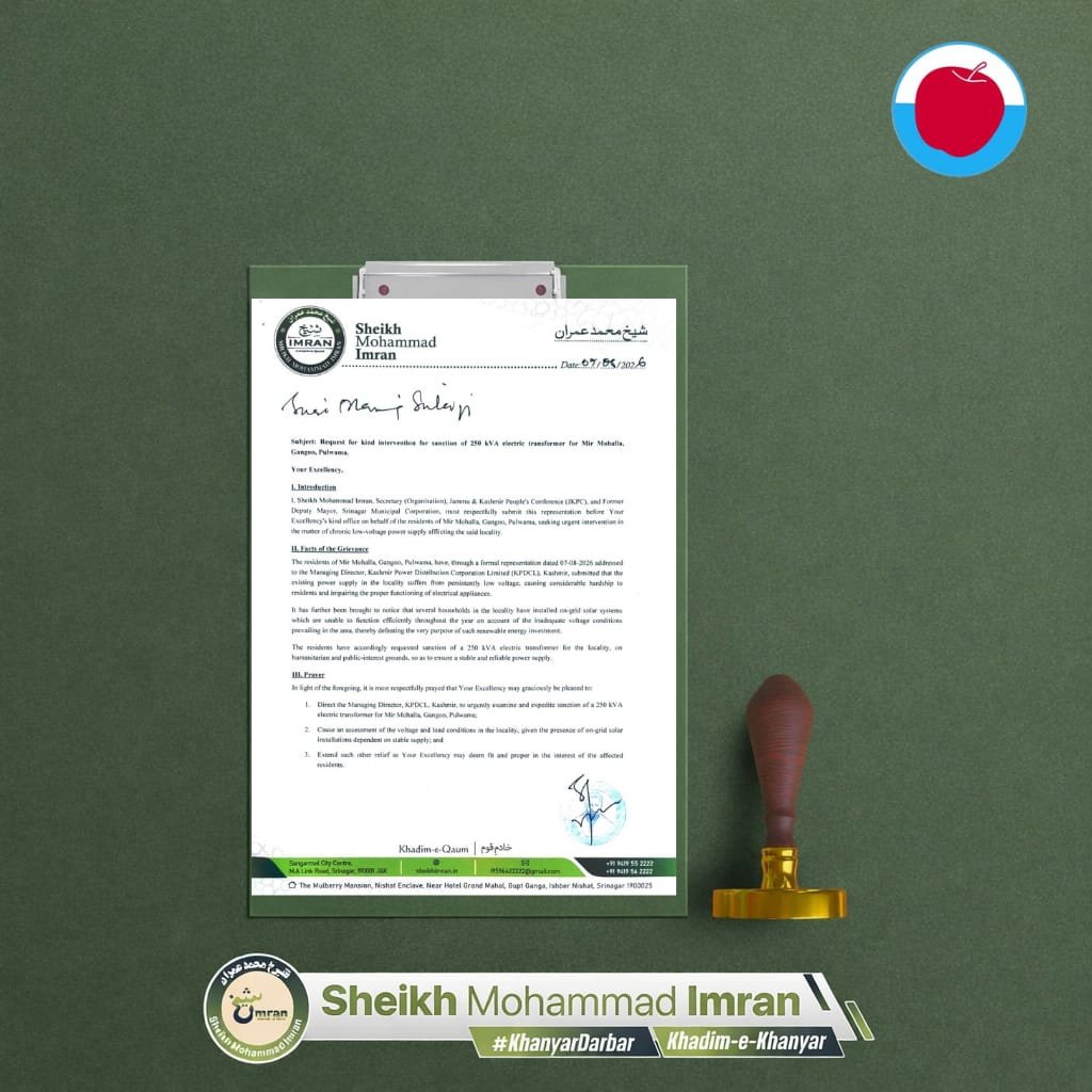 officeofSMI's tweet photo. Official representation has been submitted to @OfficeOfLGJandK 
 the chronic low-voltage power crisis affecting the residents of Mir Mohalla, Gangoo, Pulwama. 📄⚡️

The ongoing voltage instability is damaging household appliances and rendering newly installed on-grid solar systems completely non-functional, wasting critical public investments in renewable energy.

We request kind intervention of MD @kpdcloffice & @cekpdcl to immediately assess the voltage and load conditions in the locality.
The department must expedite the sanction and installation of the requested 250 kVA electric transformer to ensure a stable and reliable power supply for the area.
Local Coordinator: Mohd. Ibrahim Bhat  (+91 9906717184).

@DivComKash @dcpulwama  @JKSamadhan @diprjk