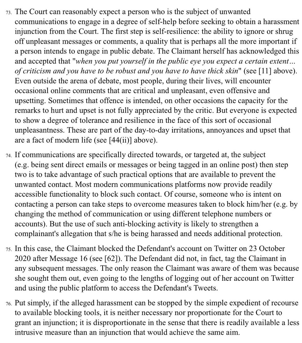 SVPhillimore's tweet photo. Well done Allison! You are getting there! But please do not diminish the serious criminal offence of stalking by claiming that people objecting to what you choose to put in the public domain is an example of that. Block and the problem will be gone. 

If it isn’t, then I accept you may have a problem and I hope you get that help and protection you need. But comment on social media is very rarely stalking or harassment and you are expected to develop a thick skin. 

See High Court in Hayden v Dickenson where defendant given a great deal of sympathy for responding to the provocation of Hayden’s associate.