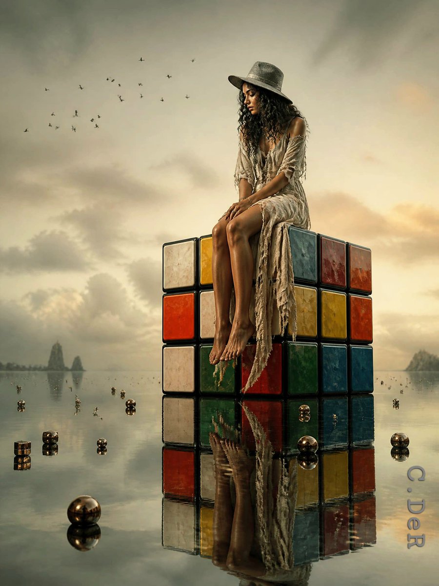 CDeR_'s tweet photo. Perched upon a Rubik’s cube, she waits between the colors of possibility—
while the world below reflects a thousand ways to rearrange a dream.
#AIArtCDeR
#AIArtComunity
#AISaturdayArt https://t.co/bu4aiDaF75