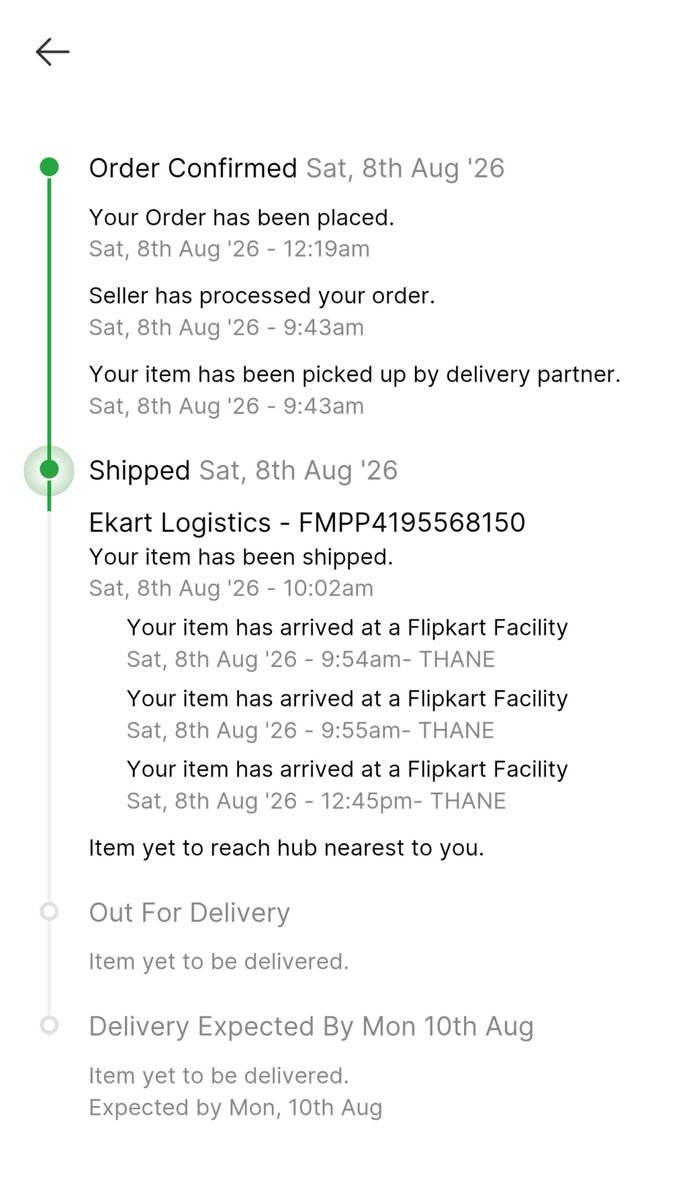 ImSoRandomLole's tweet photo. @FlipkartSupport @EkartIn 2nd order in a row stuck at Thane hub. Prev order FMPP4180223189 got stalled here &amp; auto-cancelled. New order FMPP4195568150 is repeating the same scan loop today. Support won't help. Need manual intervention. https://t.co/vOhX4q6Oqz