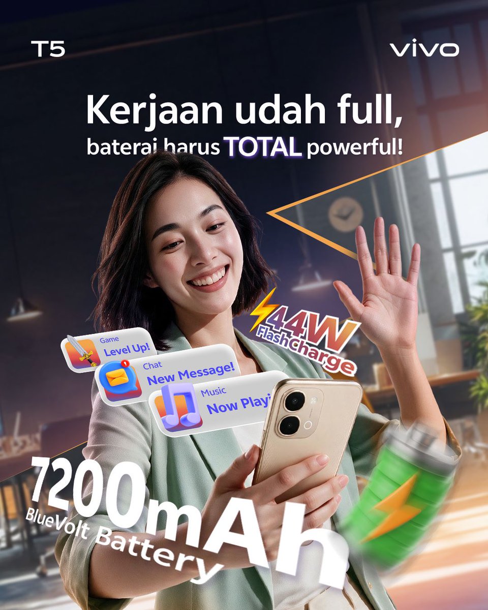 vivo_indonesia's tweet photo. Bete maksimal gak sih kalo kerjaan lagi padet-padetnya, tapi HP juga ngedropnya cepet banget 😓

Untung #vivoT5Series punya baterai yang udah 7200mAh BlueVolt &amp; 44W FlashCharge. Kerjaan auto lancar maksimal ⚡️ 

Langsung checkout di Shopee yuk! 
https://t.co/pijOLicMT2 https://t.co/YtQ4yzBbjX