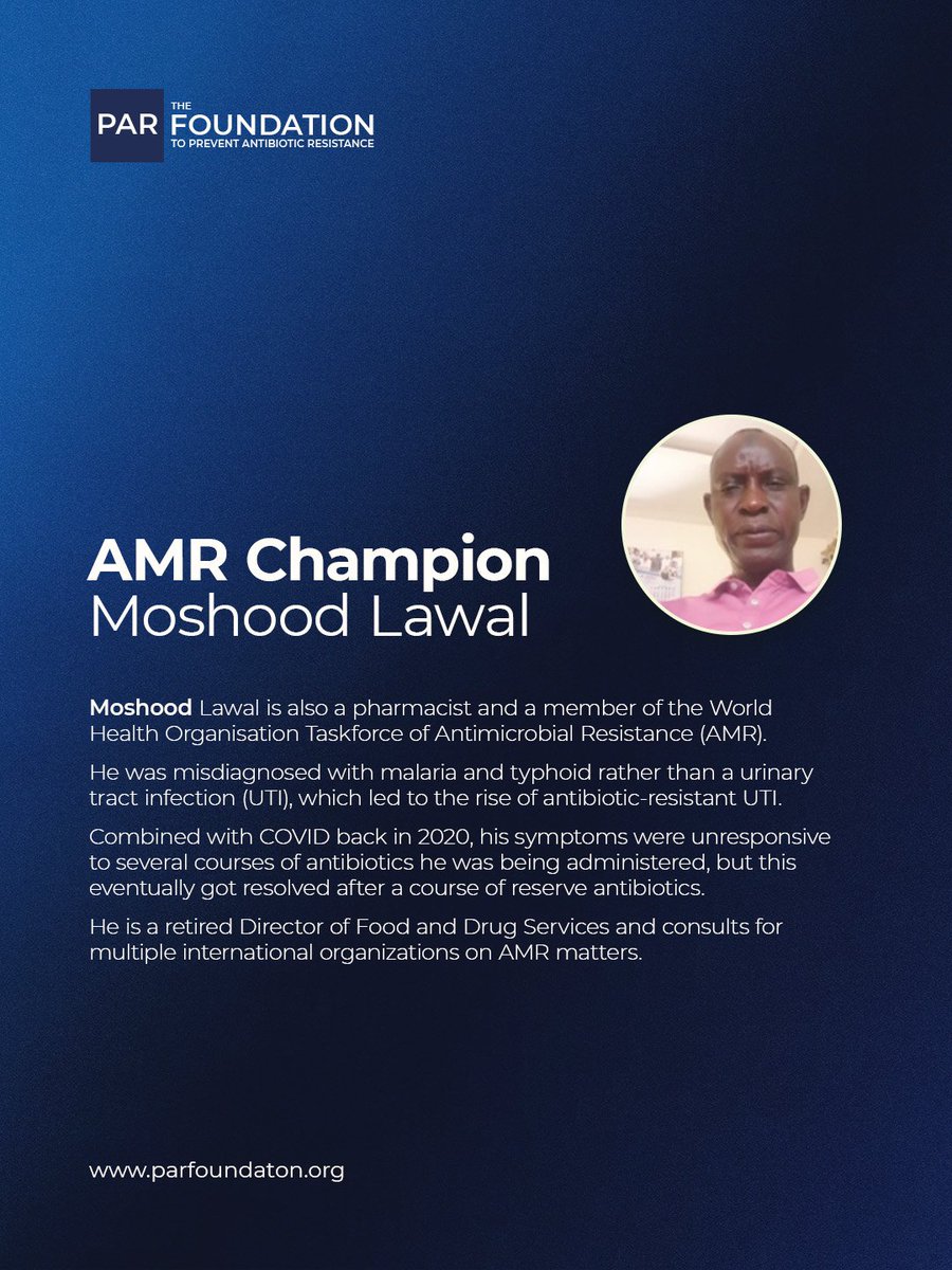 ResResistance's tweet photo. @LawalOluku is our champion for this week!

He was a victim of a health system that misdiagnosed him, leading him to take multiple antibiotics for what was supposed to be a UTI.

Now, he is a member of the @WHO AMR Taskforce of Survivors!
#AMRChampion #AMRTaskforce https://t.co/x1ACrk6AT9