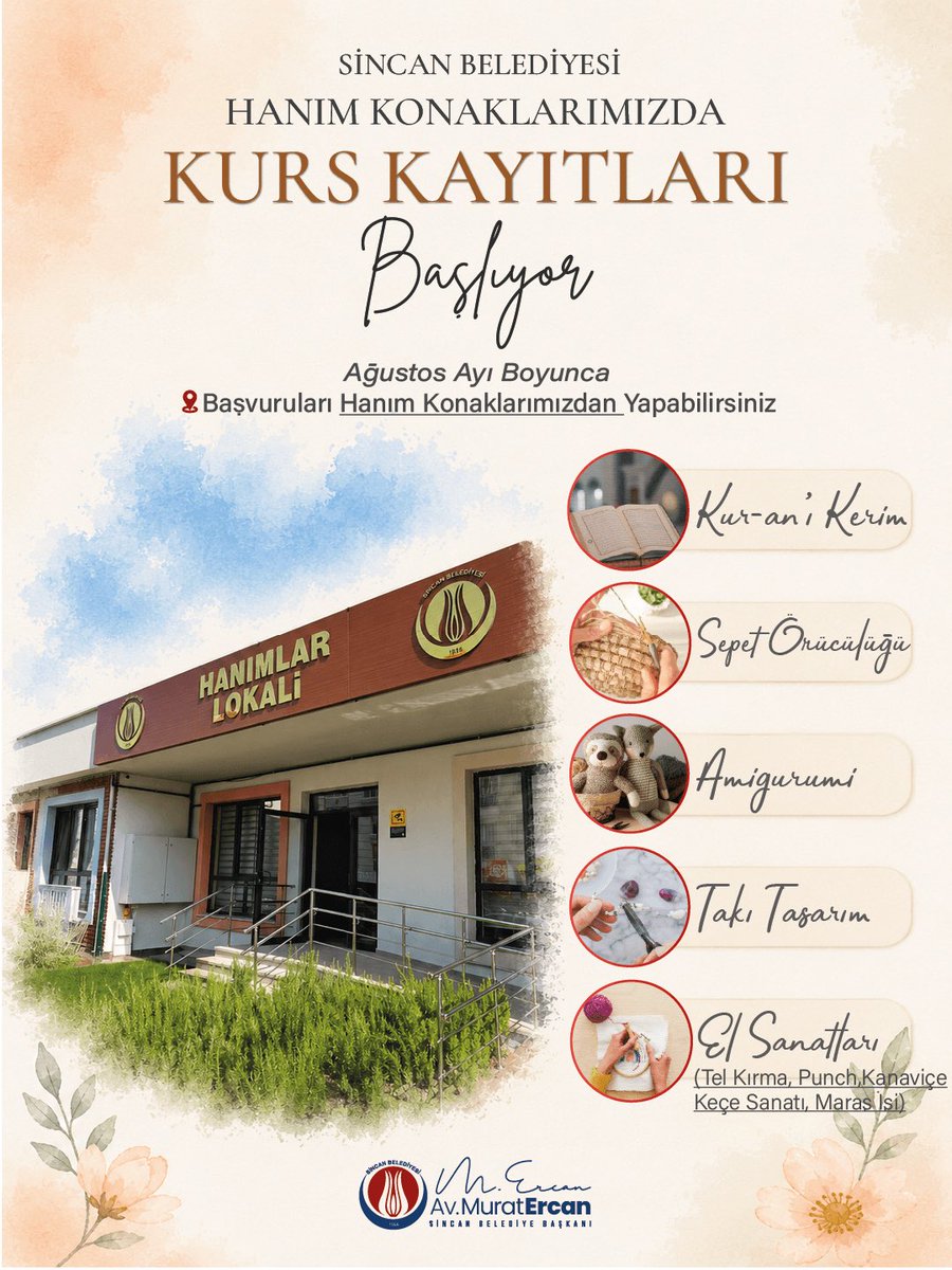 ankarasincanbld's tweet photo. Yeni bir beceri, yeni bir heyecan, yepyeni bir başlangıç. 🌸

Hanım Konaklarımızda birbirinden keyifli kurslar için kayıtlar başlıyor.

Kur’an-ı Kerim’den amigurumiye, takı tasarımından el sanatlarına, sepet örücülüğünden farklı hobi alanlarına uzanan kurslarımızla öğrenmeye, üretmeye ve kendinize zaman ayırmaya davetlisiniz.

📍 Başvurularınızı Ağustos ayı boyunca Hanım Konaklarımızdan yapabilirsiniz.

Size en yakın Hanım Konağımızı ve adres bilgilerini görmek için lütfen kaydırın. ➡️