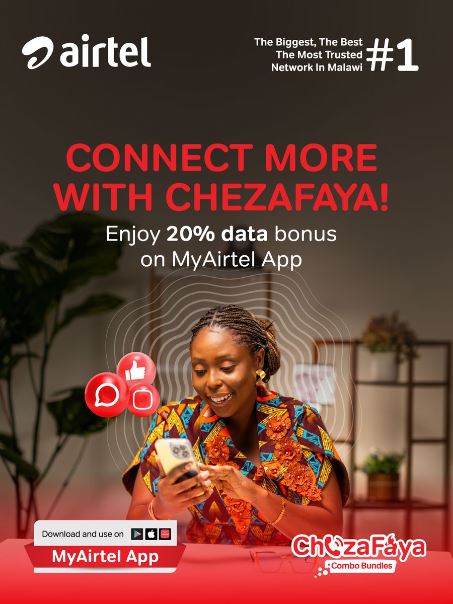 AirtelMalawiPlc's tweet photo. Perks of having and using MyAirtel App!
Get your ChezaFaya bundle on the App https://t.co/3fl69J9Jbz and unlock 20% more data to stream, scroll, and stay connected - all at no extra cost.
#AirtelMalawi #ChezaFaya #DataBonus #MyAirtelApp #TheFayaNeverStops🔥 https://t.co/1pZH6R969v
