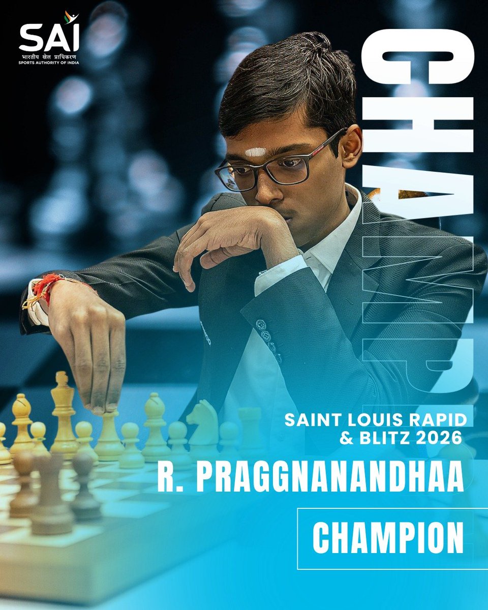 Media_SAI's tweet photo. R. Praggnanandhaa rules the board at the Saint Louis Rapid & Blitz 2026, emerging as Champion! 🔥

A brilliant display of composure, strategy and fighting spirit from one of India’s brightest chess stars. 🇮🇳

Another chapter of greatness written on the chessboard. 👏✨

#Praggnanandhaa #SaintLouisRapidAndBlitz