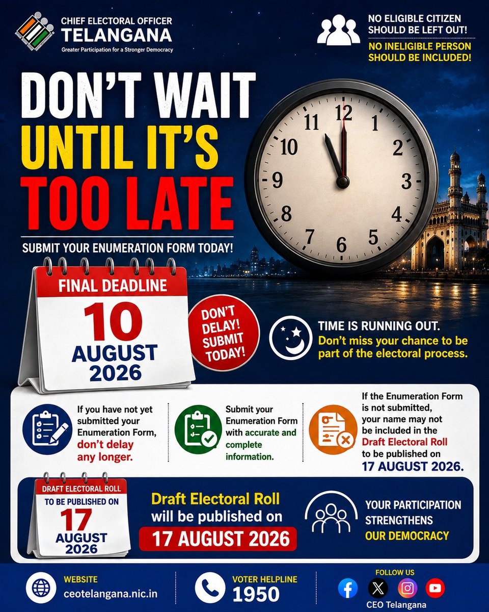 CEO_Telangana's tweet photo. 🚨 DON’T WAIT UNTIL IT’S TOO LATE!
⏳ Only 2 Days Left — Submit Your Enumeration Form by 10 August 2026.
⚠️ Don’t delay! Ensure your name is included in the Draft Electoral Roll to be published on 17 August 2026.

#SIR2026 #CEOTelangana #ECI #VoterAwareness #EnumerationForm  #EnumerationPhase #SpecialIntensiveRevision
@ECISVEEP @SpokespersonECI @IPRTelangana @PIB_India @PIBHyderabad @airnewsalerts @AirHyderabad